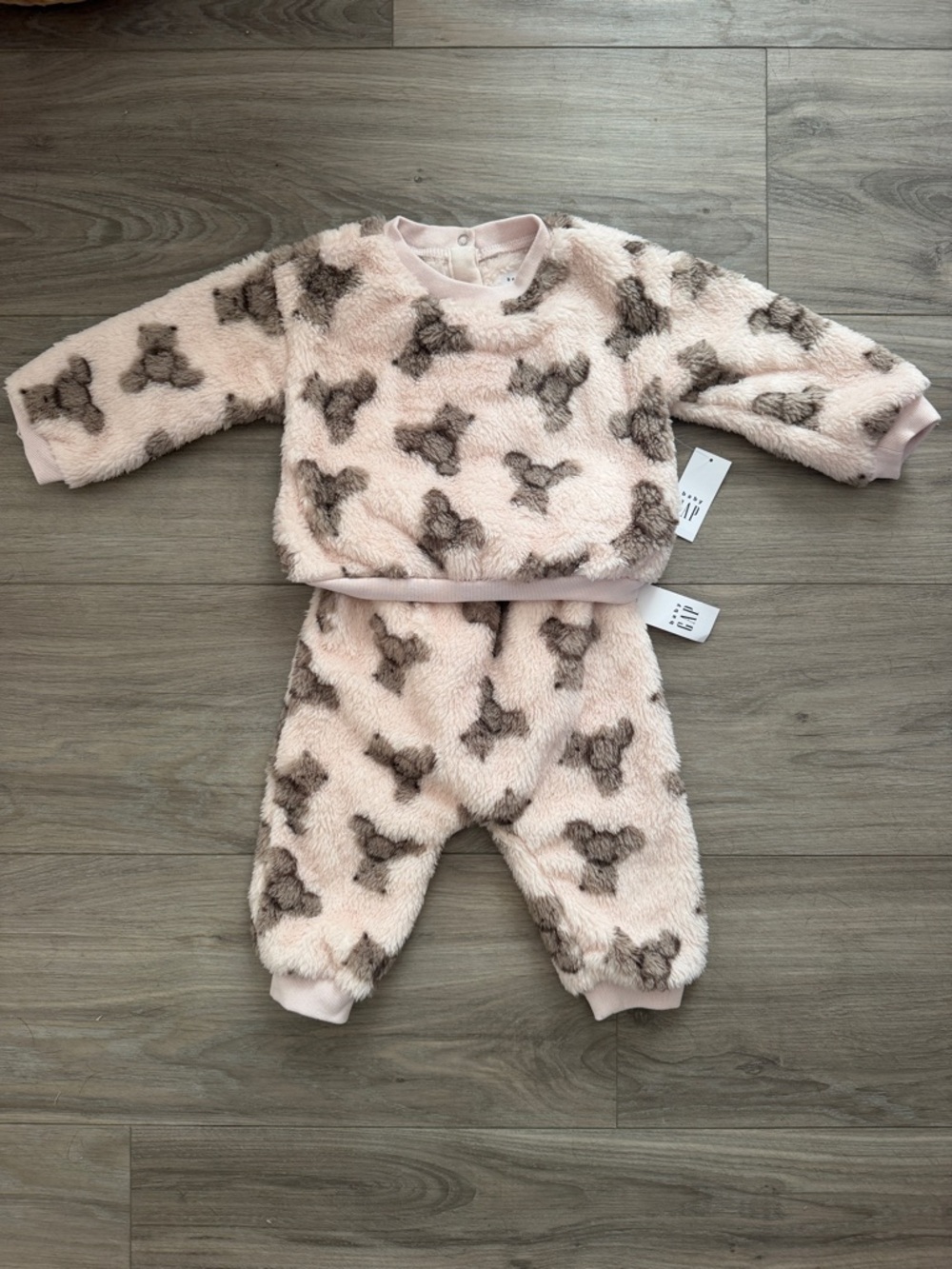 GAP Pink Plush Bear-Print Two-Piece Pajama Set